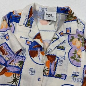 Anthropologie Paper Heart Shirt Womens S White Postcard AOP Linen‎ Blend NWOT